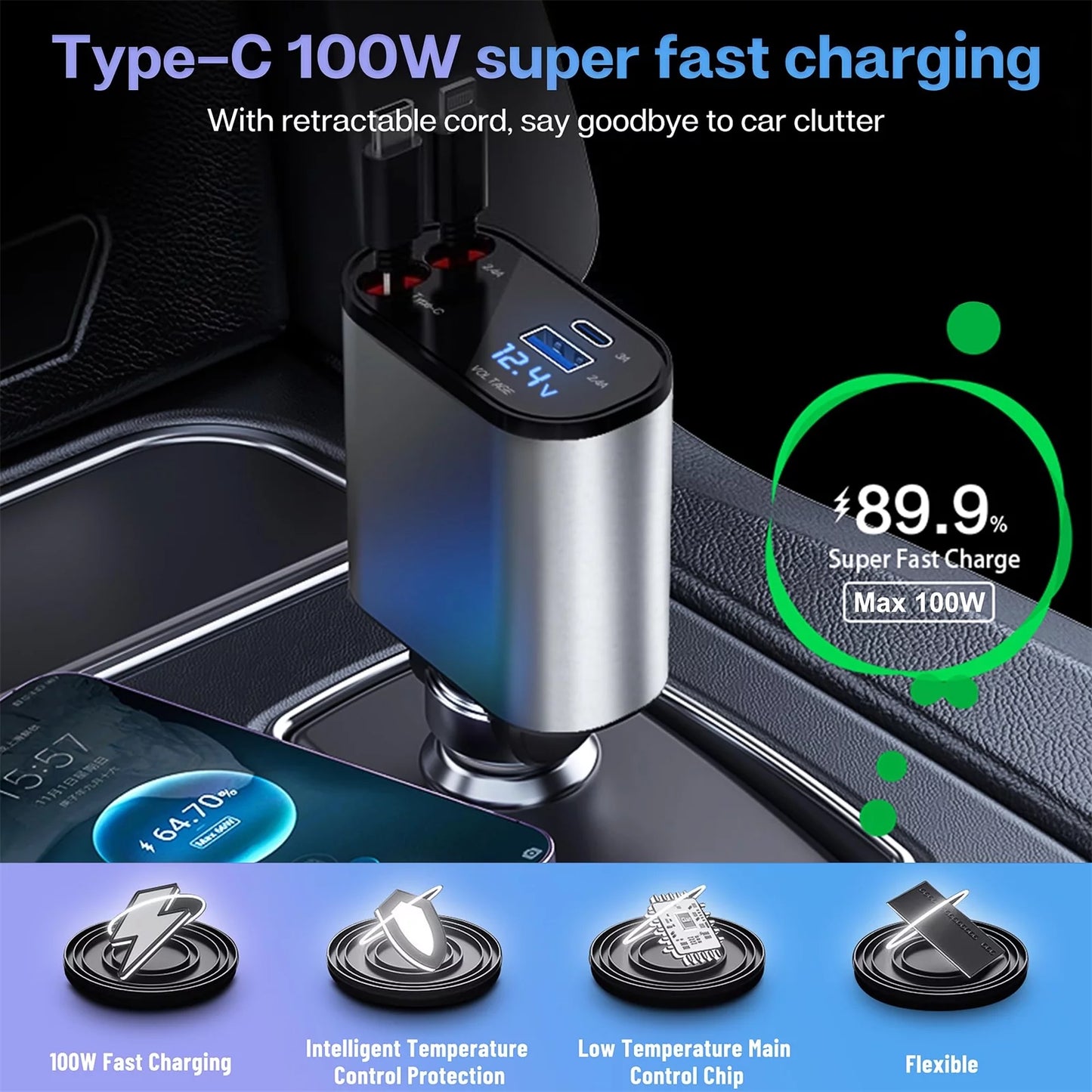 4-in-1 Retractable 100W Fast Car Charger with iPhone & Type-C Cable + Dual Charging Ports