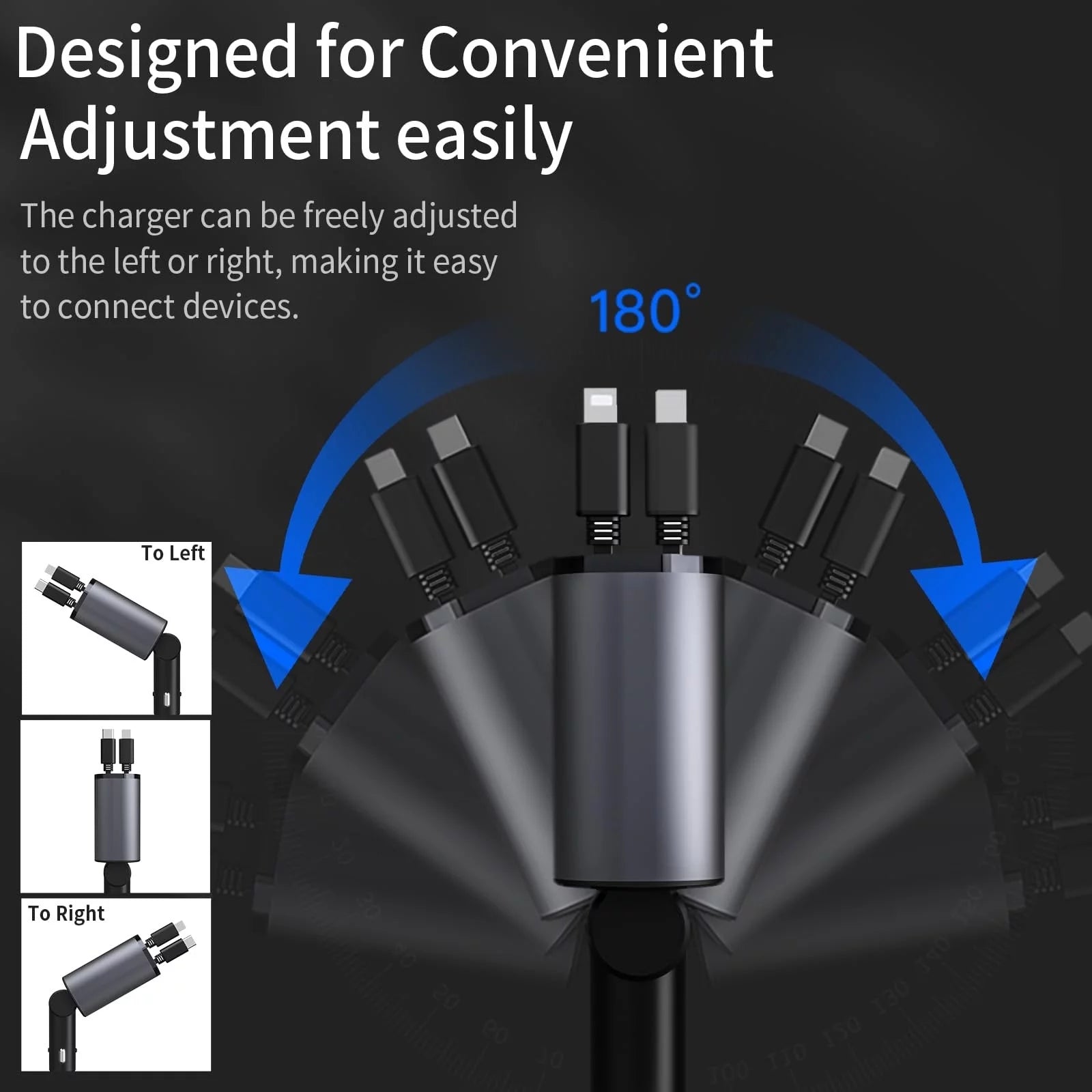 4-in-1 Retractable 100W Fast Car Charger with iPhone & Type-C Cable + Dual Charging Ports