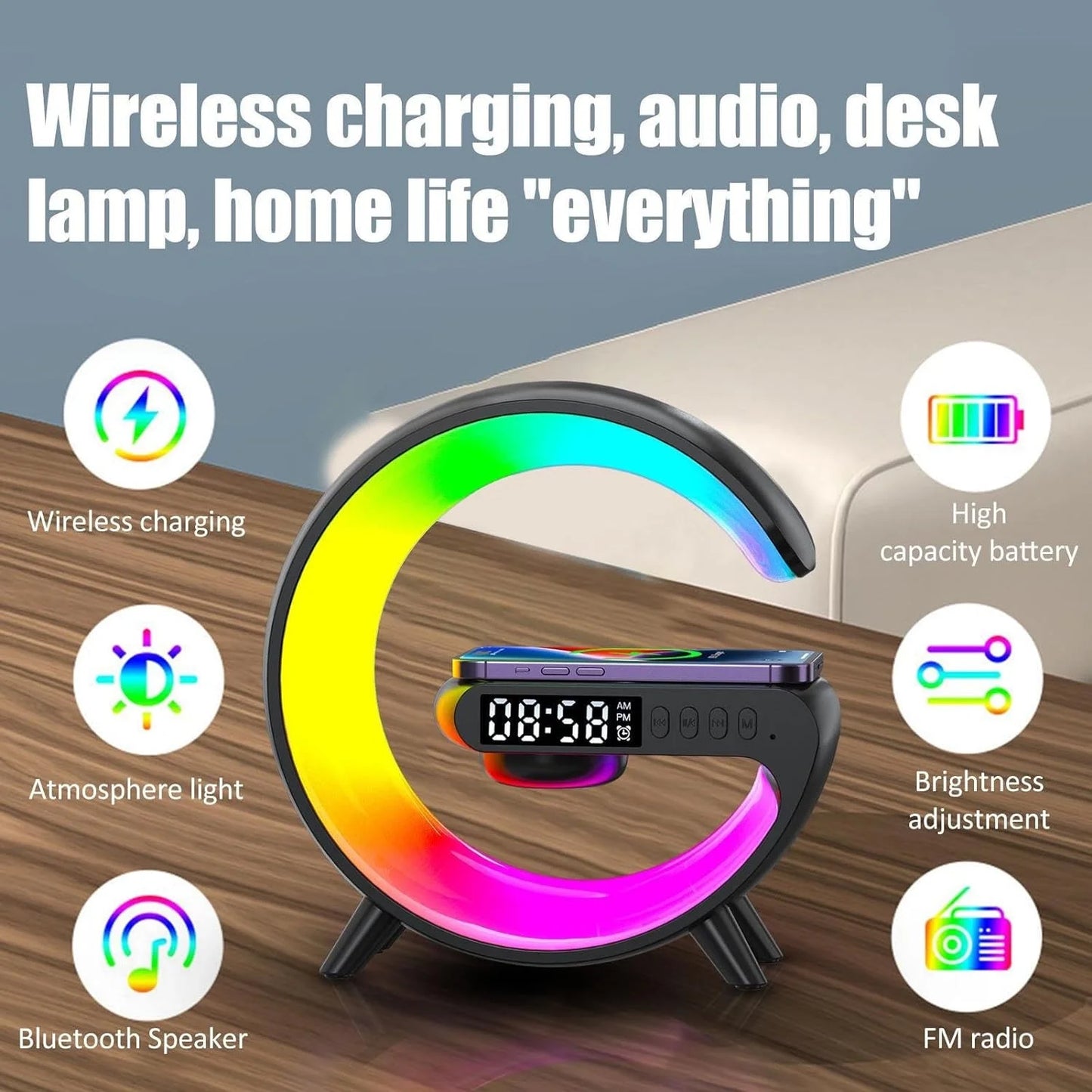 Smart Wireless Charger Lamp with Bluetooth Speaker & Alarm